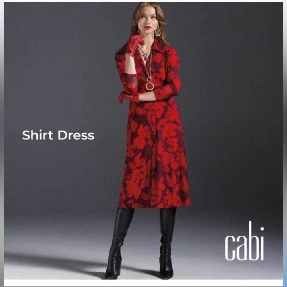 CAbi • “Fire & Ice” Red Floral Button Down Floral Midi Shirt Dress - Picture 5 of 14
